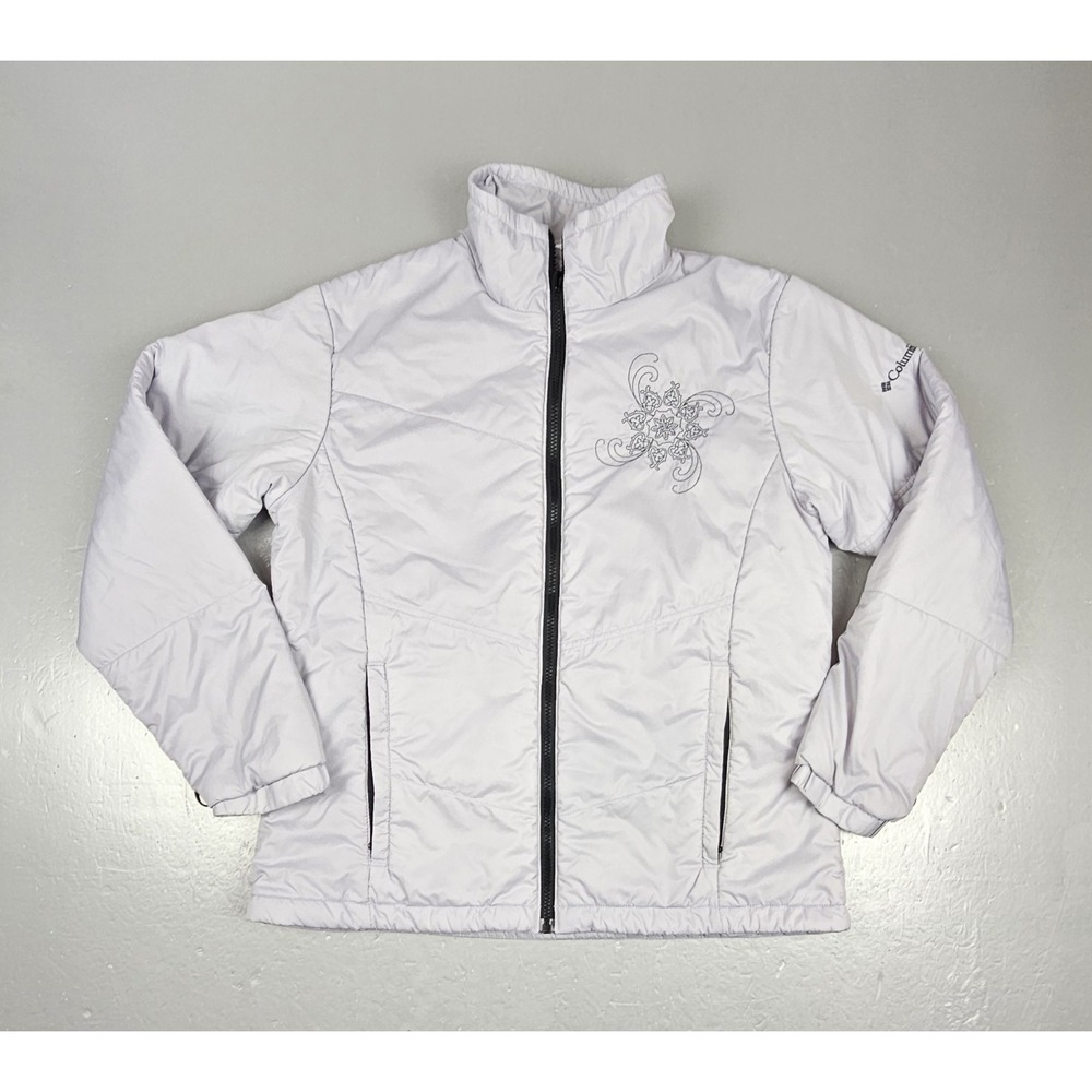 Columbia Puffer Jacket‎ Womens Large. Light Gray Interchange Embroidered Floral